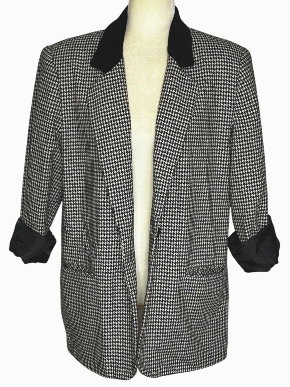 Wool Blend Houndstooth Blazer Black Velvet Collar Oversized Boxy Fit Sz 12